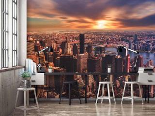 Fototapeta 3D młodzieżowa dla chłopca przedstawiająca panoramę miasta new york o zachodzie słońca
