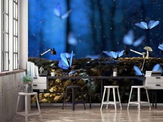 Fototapeta 3D młodzieżowa dla dziewczyny przedstawiająca magiczny las i piękne latające świetliste motyle
