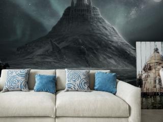 Góra zwieńczona budowlą na tle nocnego nieba z księżycem - tapeta 3D w salonie