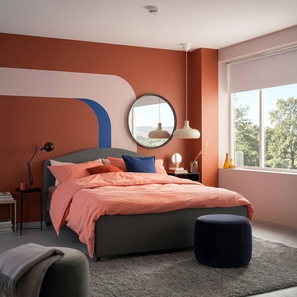 Wyrazisty akcent za wezgłowiem nadaje sypialni charakteru i sprawia, że wnętrze wygląda na wykończone przez profesjonalnego architekta