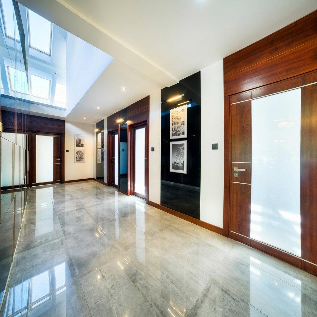 Duży hol z jasnoszarą podłogą z płytek