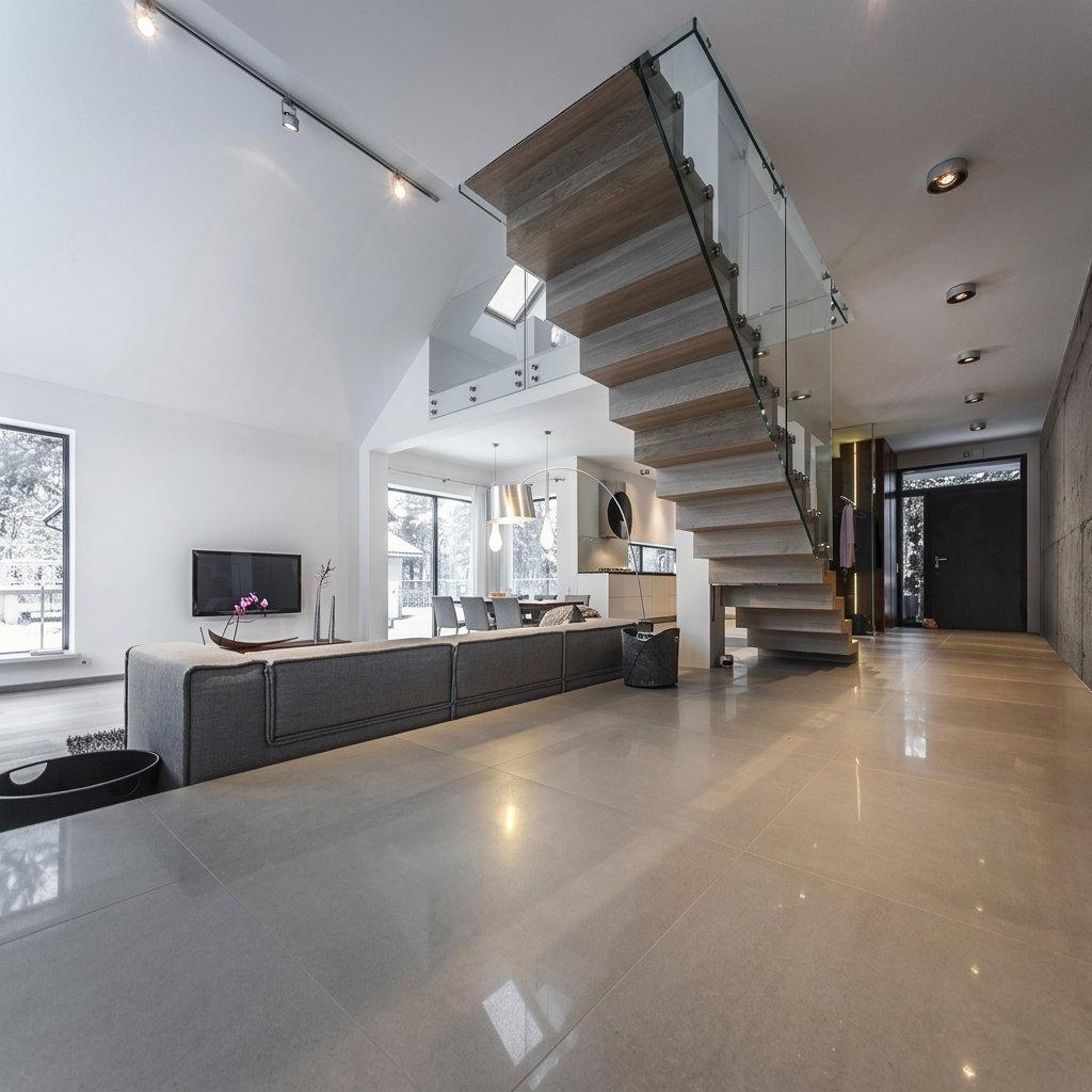 Duży nowoczesny hol z beżowymi płytkami podłogowymi