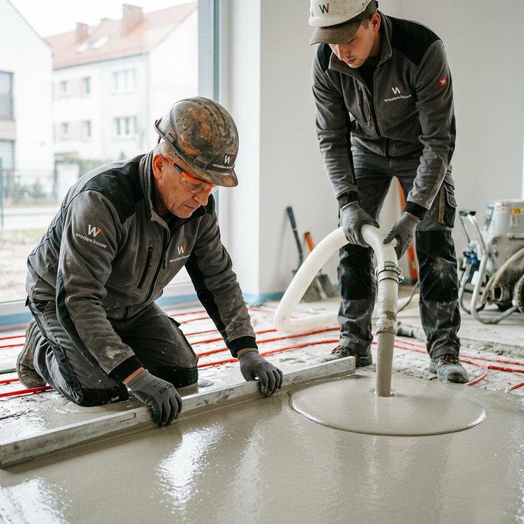 ekipa budowlana Wrocław House wykonuje płynną wylewkę anhydrytową