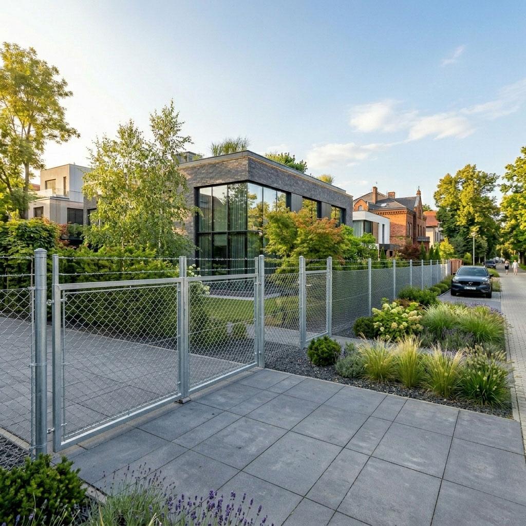 Klasyczne ogrodzenie z siatki stalowej wokół domu Wrocław