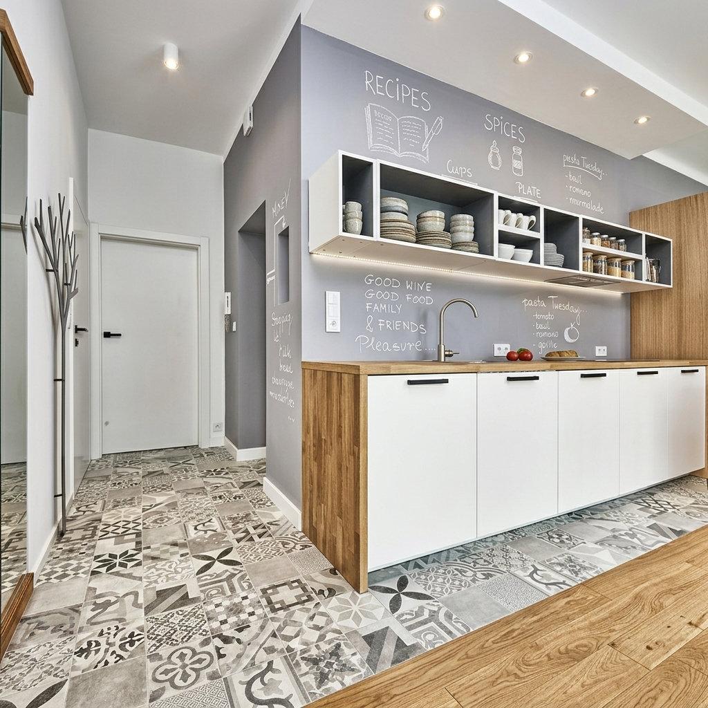 Mały jasny przedpokój z czarno-białą podłogą