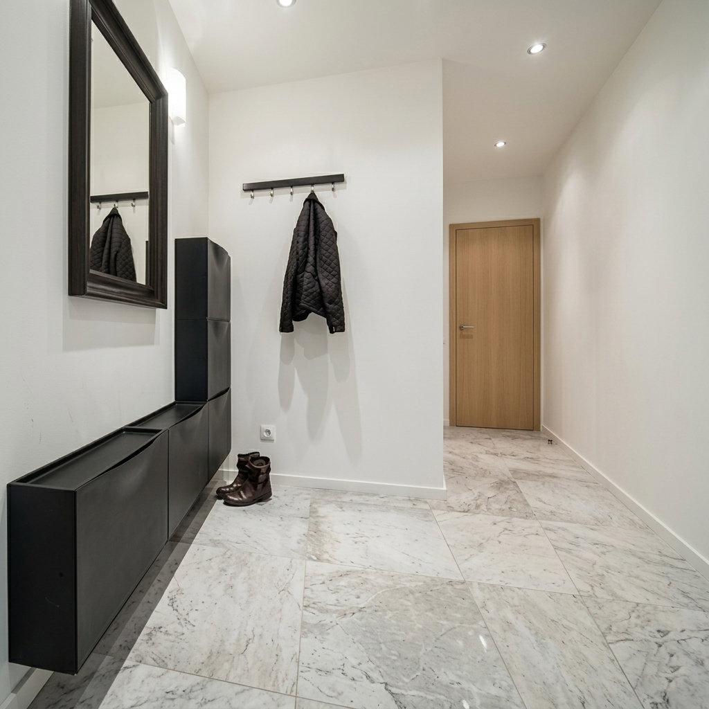 Mały nowoczesny przedpokój z podłogą z jasnych płytek