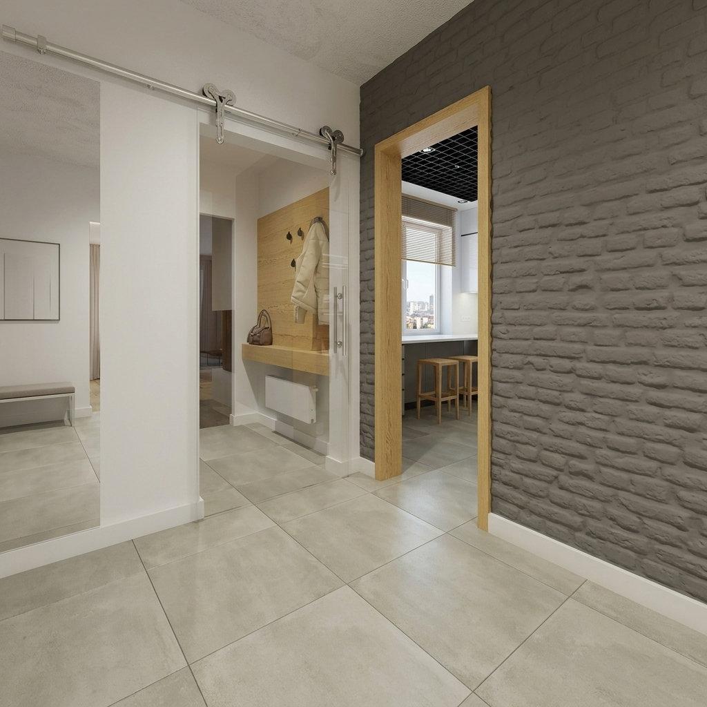 Mały przedpokój z szarymi płytkami