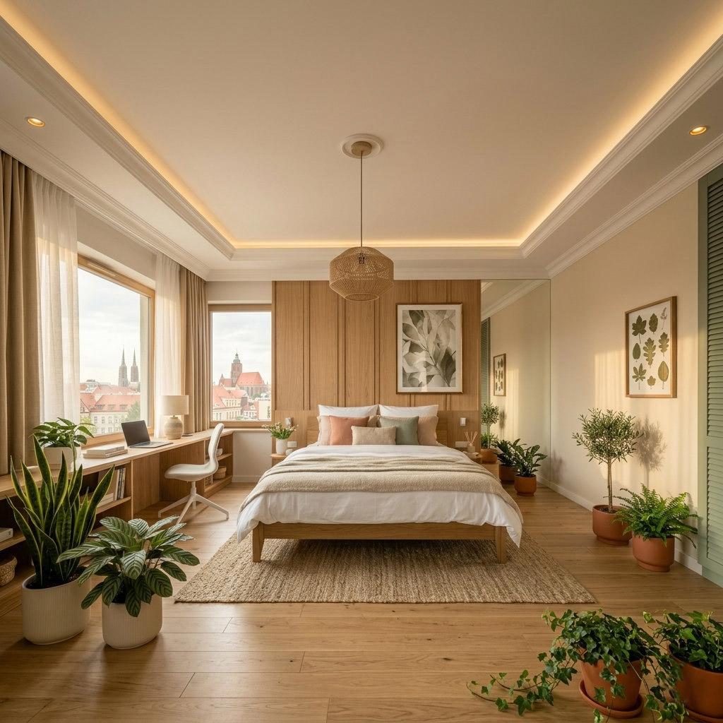 Nowoczesna sypialnia we Wrocławiu w stylu biophilic design z widokiem na miasto, urządzona w barwach ziemi: szałwiowej zieleni, beżu i terakocie.