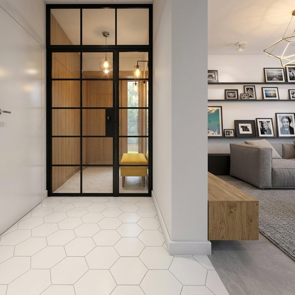 Nowoczesny jasny przedpokój z białą podłogą