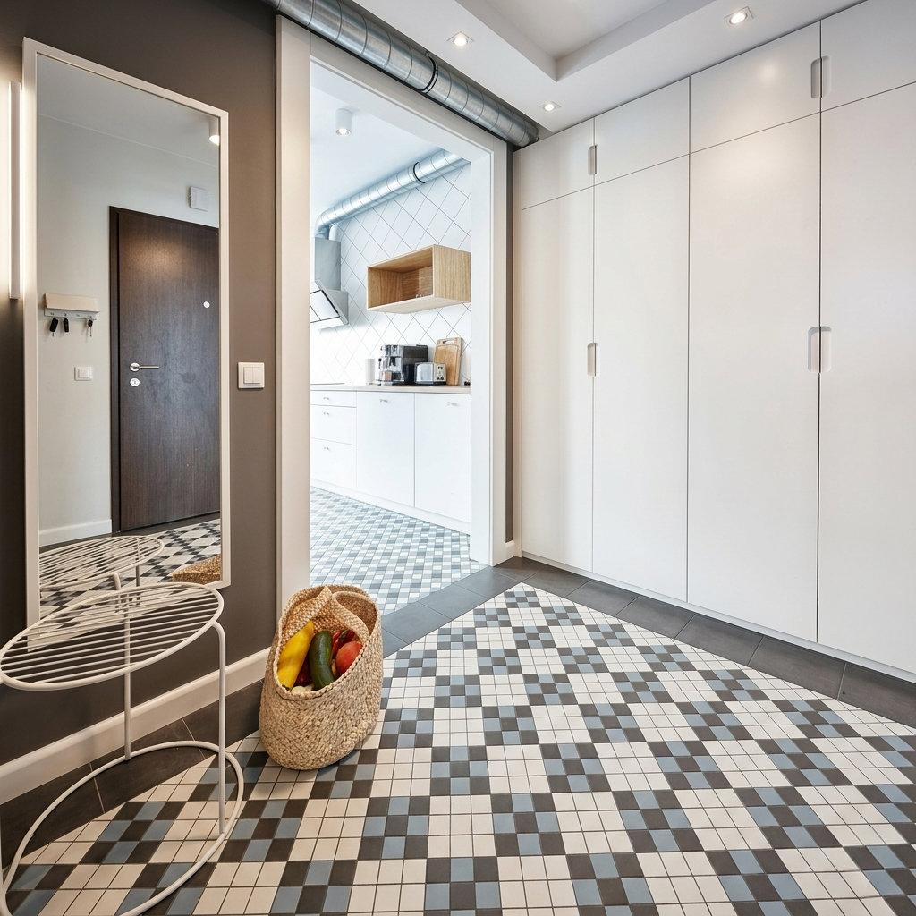 Przedpokój w stylu skandynawskim z kolorową podłogą